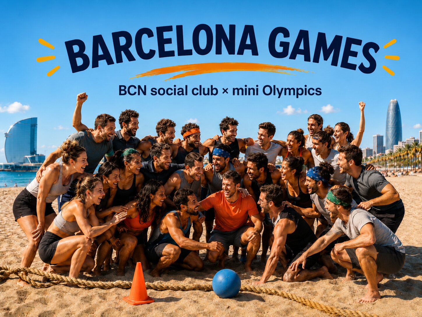 Barcelona Games. The full crew on Platja del Fòrum with the W Hotel and Torre Glòries behind them.