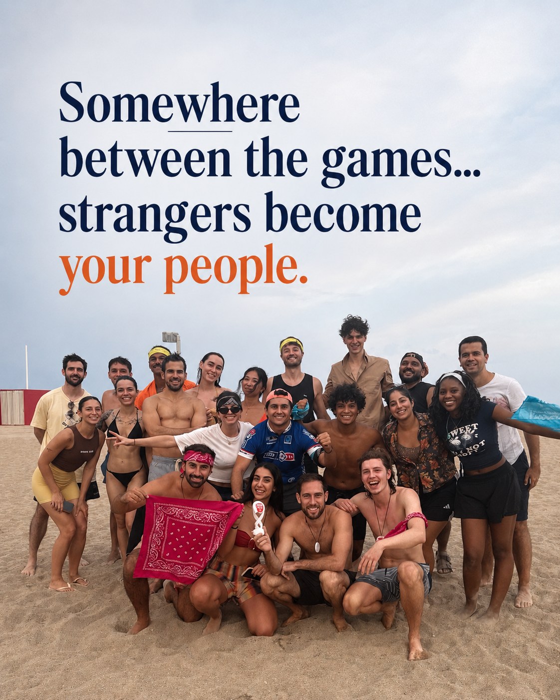 Barcelona Games crew, all real attendees, together on the sand at Platja del Fòrum.